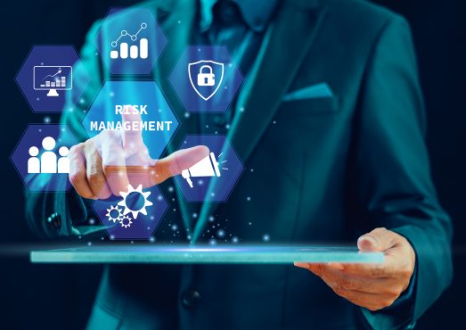 Assessment business investment concept. Businessman touch risk management. Plan matrix control technology. Internet network forecast evaluation, international financial security strategy background